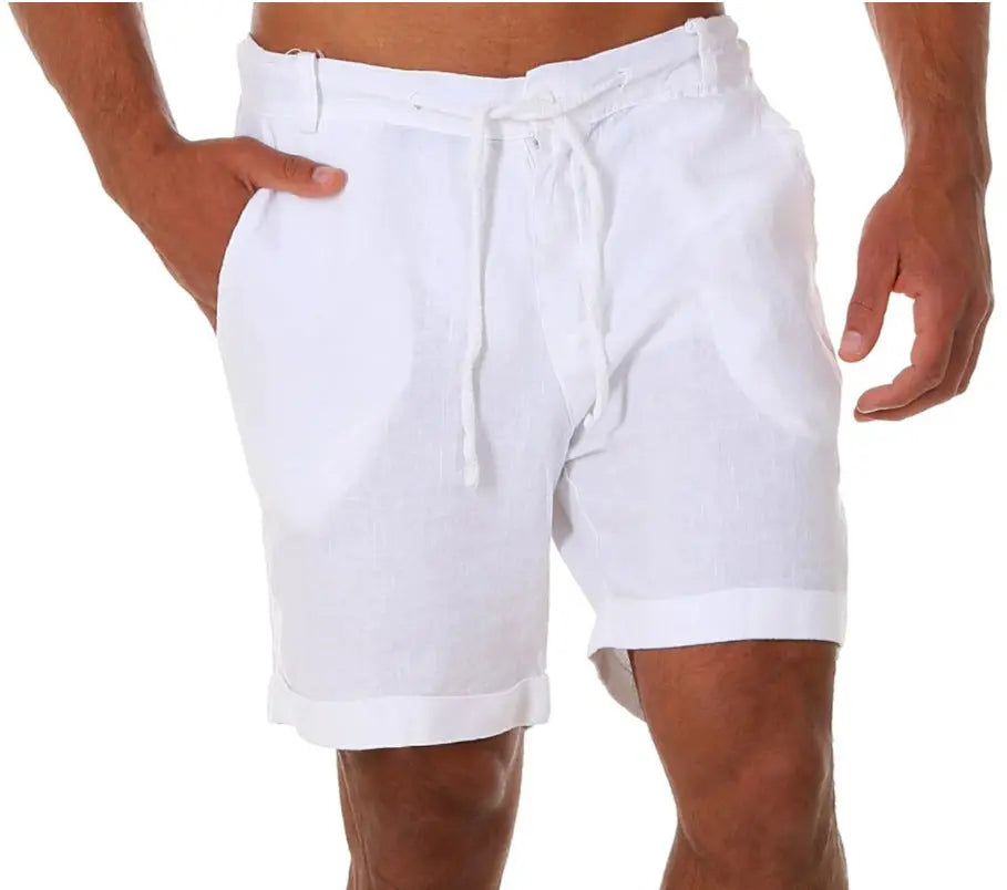 Men’s white sports running shorts with drawstring, solid color fitness casual pants by Dropshipman, suitable for workouts and casual wear.