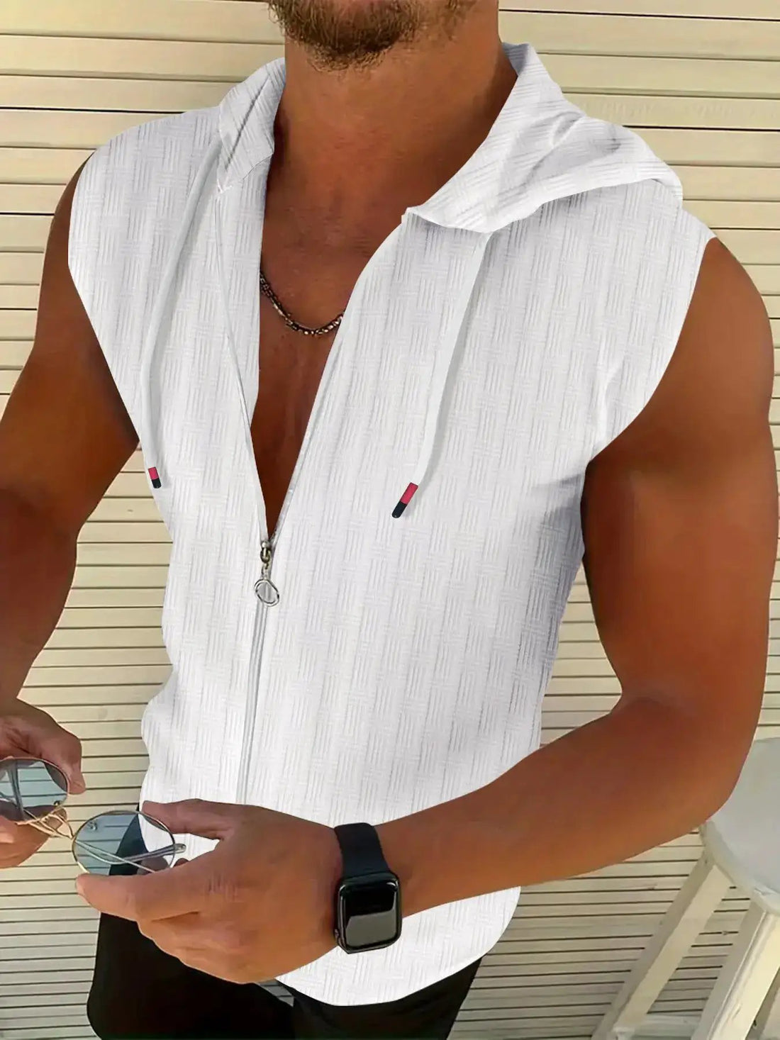 Mens Stylish Sleeveless Hooded Zip-up Cardigan by Dropshipman