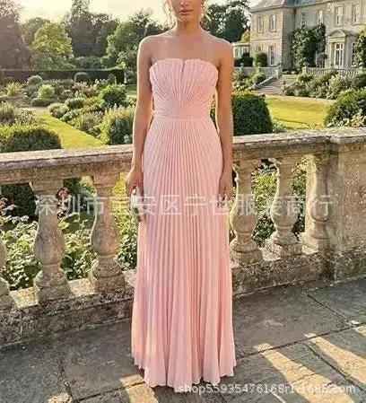 New European And American style Strapless Pleated Figure-flattering Dress