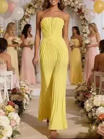 New European And American style Strapless Pleated Figure-flattering Dress