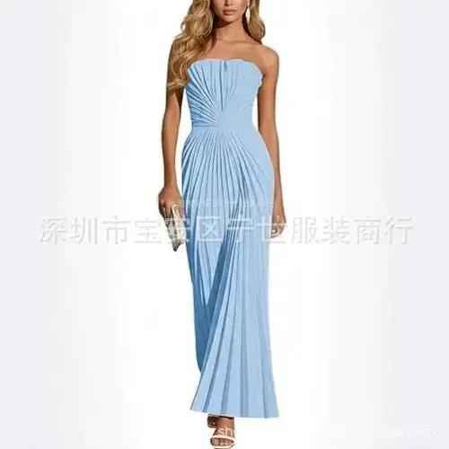 New European And American style Strapless Pleated Figure-flattering Dress