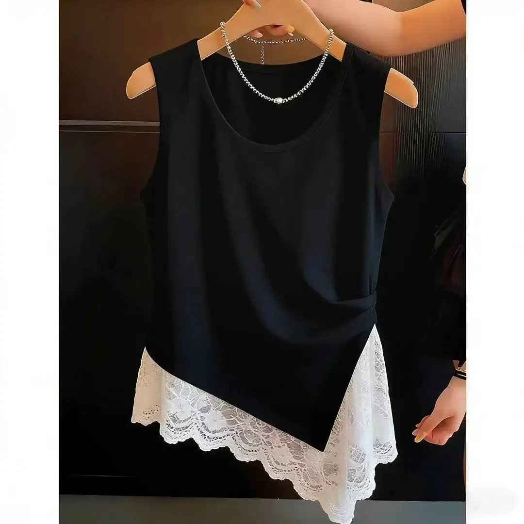 Plus-size Designer-style Lace-trimmed Patchwork Vest