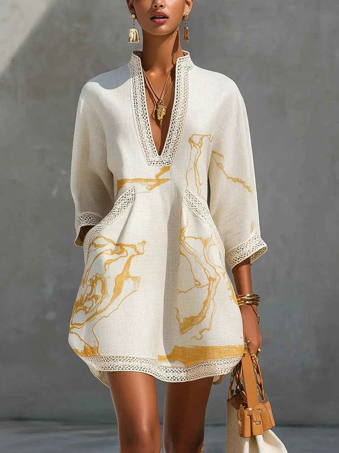 Printed V-neck Lace-trimmed Three-quarter-sleeve Mini Dress