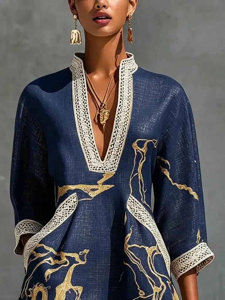Printed V-neck Lace-trimmed Three-quarter-sleeve Mini Dress