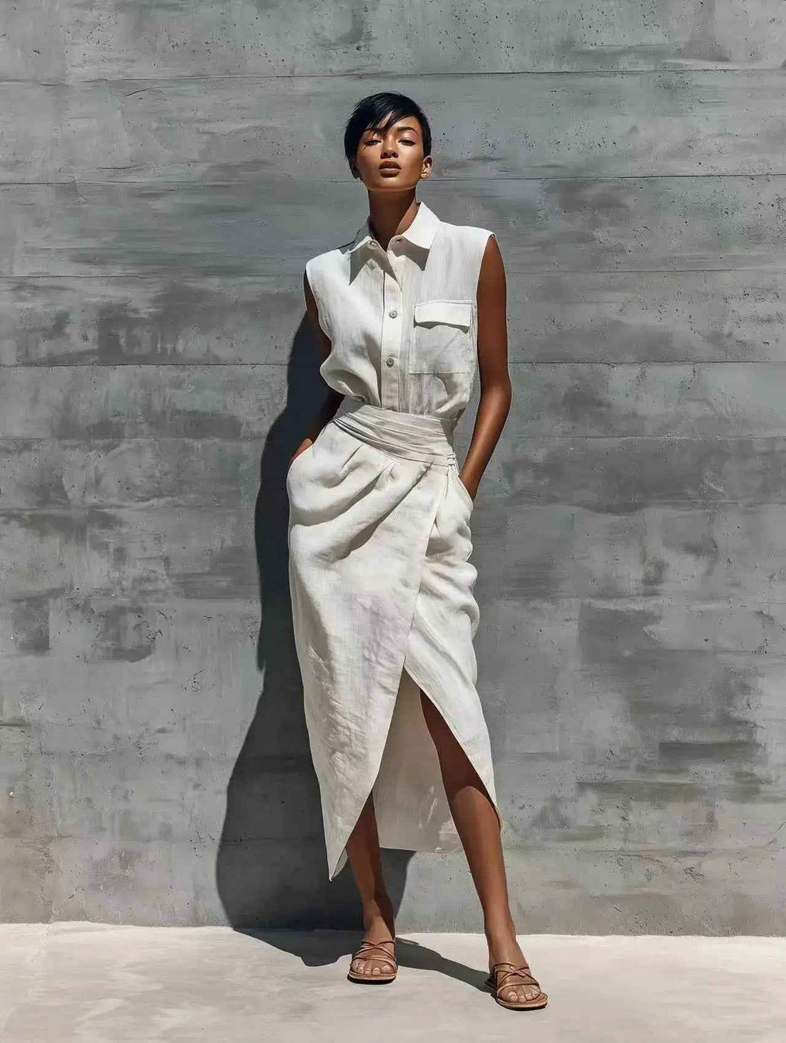 Sleeveless Lapel-button Pocket Shirt And Slit Skirt Set