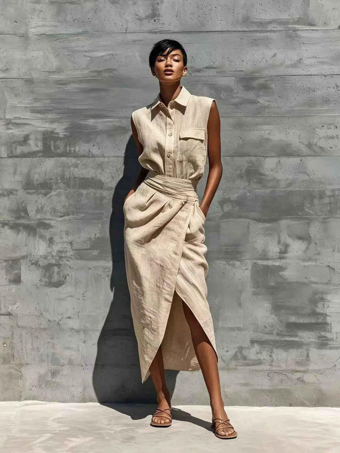 Sleeveless Lapel-button Pocket Shirt And Slit Skirt Set