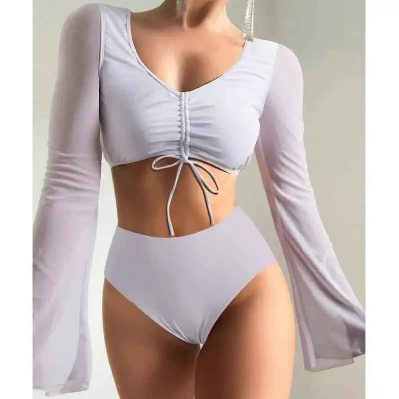 Solid-color High-waisted Modest Spliced Swimsuit With Mesh Panels