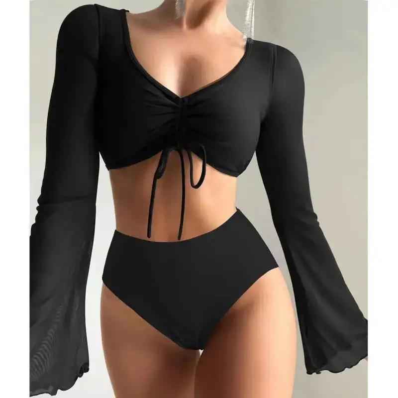 Solid-color High-waisted Modest Spliced Swimsuit With Mesh Panels