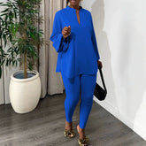 White solid color split V-neck top and skinny pants two-piece outfit by Dropshipman, casual and stylish for everyday wear.