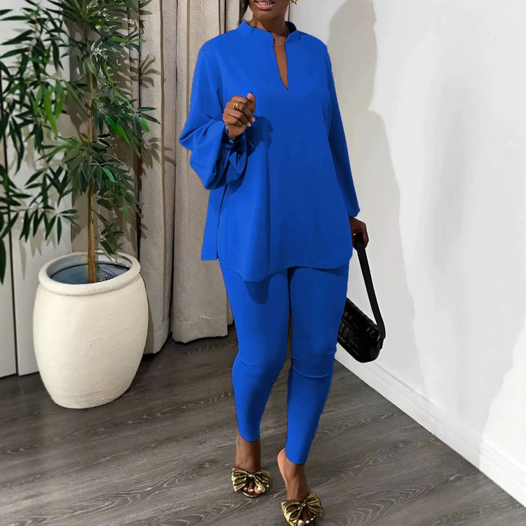 White solid color split V-neck top and skinny pants two-piece outfit by Dropshipman, casual and stylish for everyday wear.