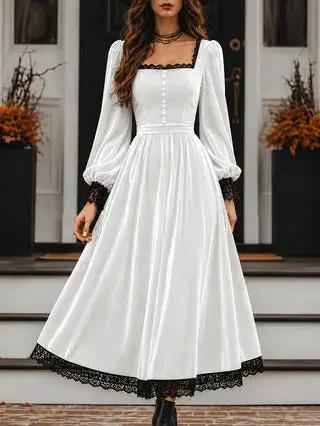 Square-neck Lace-panel Velvet Dress