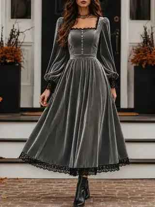 Square-neck Lace-panel Velvet Dress