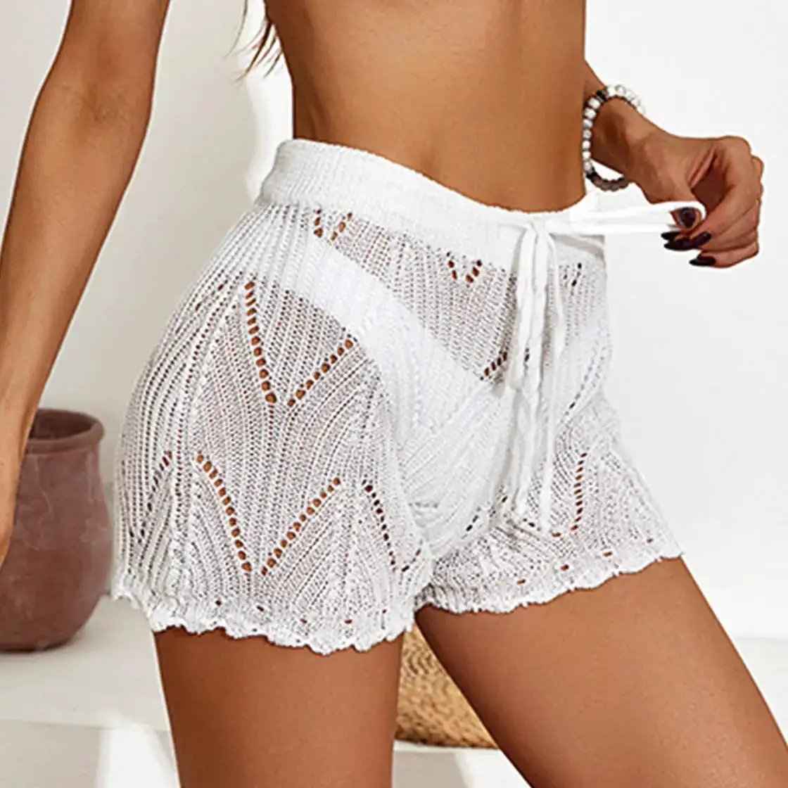Women Hollow Out Crochet Beach Cover Up Shorts, Adjustable Drawstring Waist Bikini Bottom Sheer Knit Swim Shorts For Pool Resort Summer