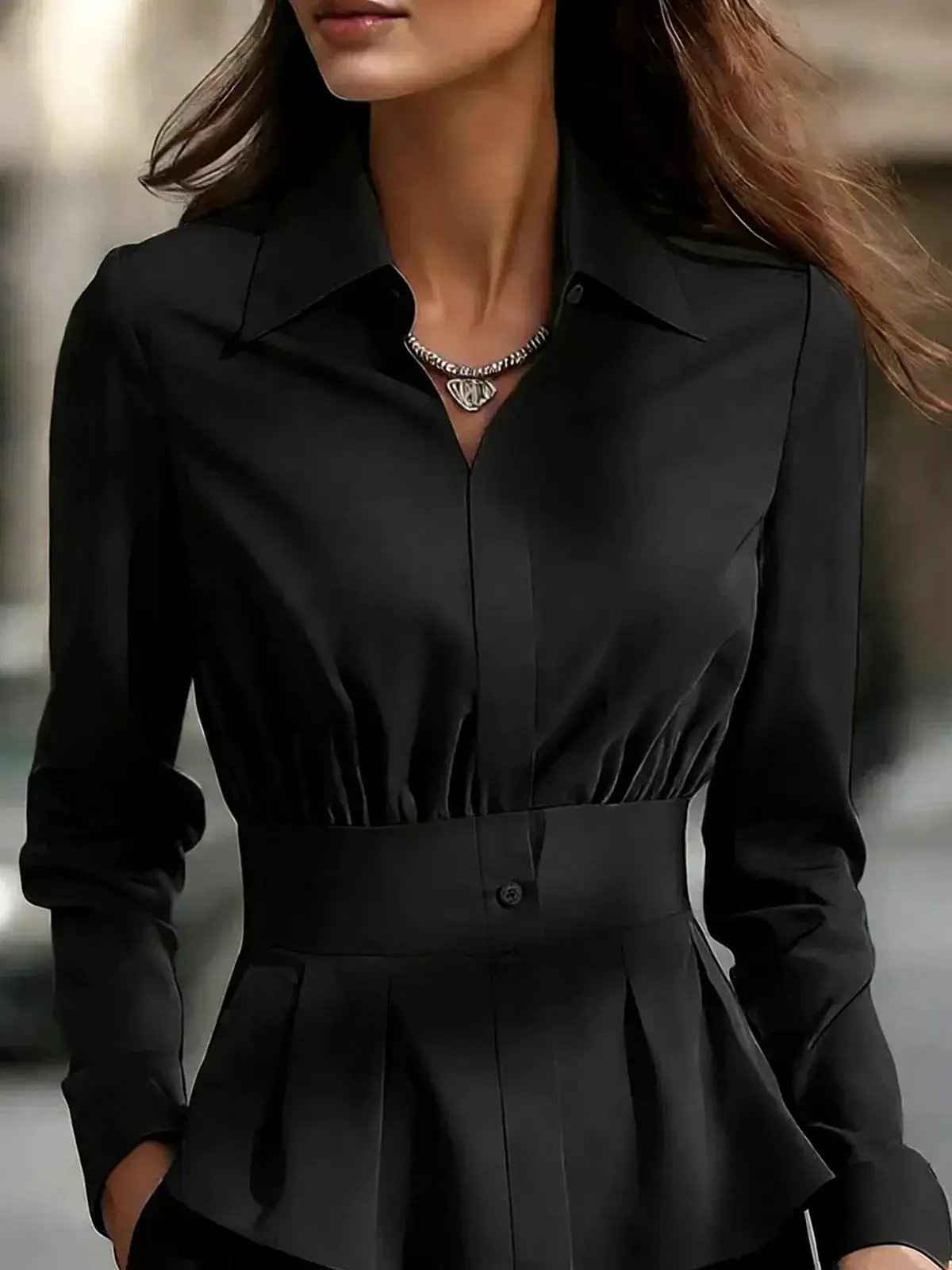 Womens Long-sleeve Plain Solid-color Regular-fit