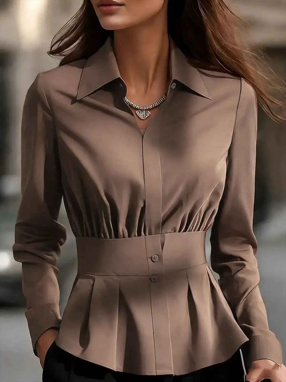 Womens Long-sleeve Plain Solid-color Regular-fit
