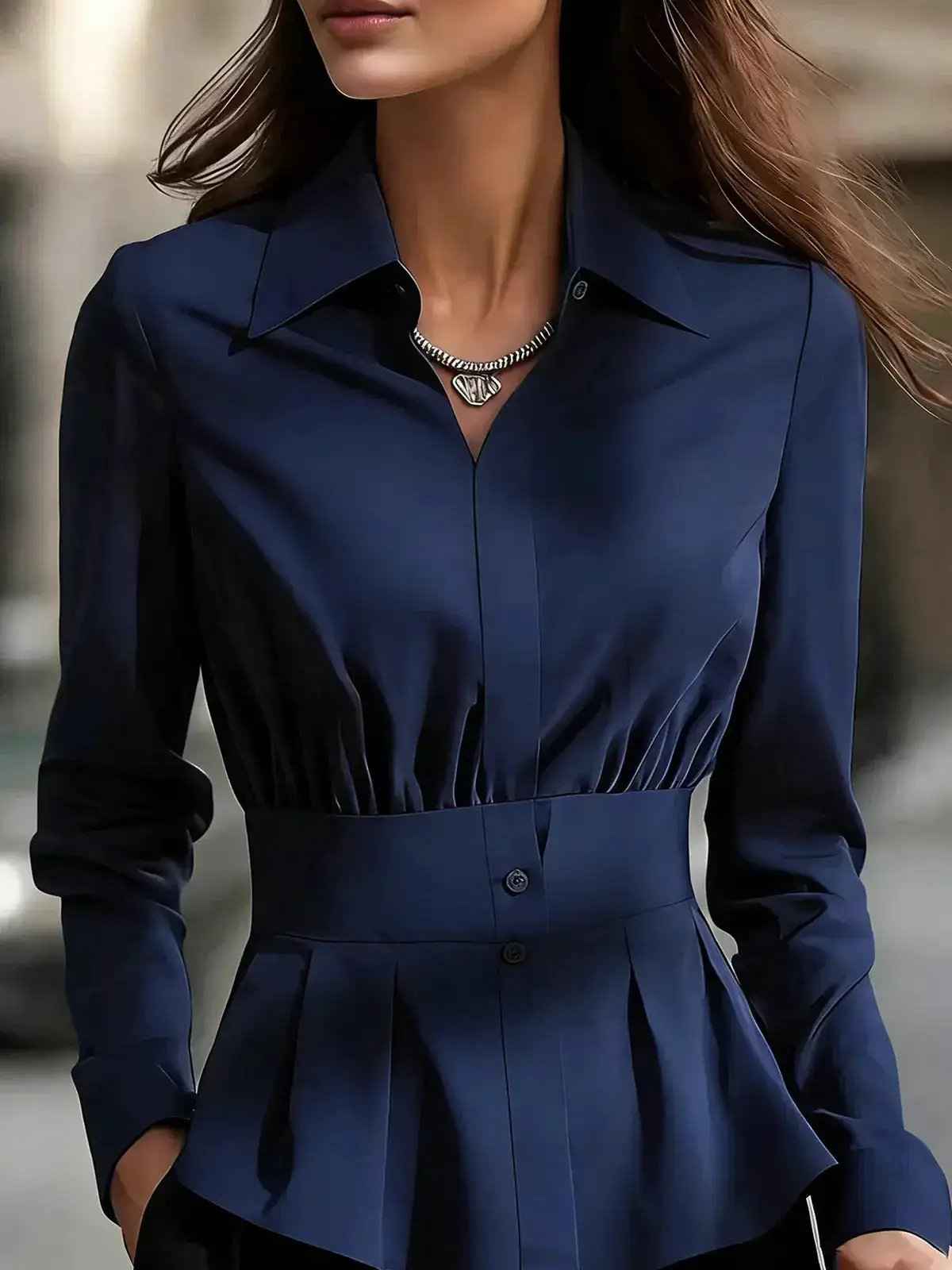 Womens Long-sleeve Plain Solid-color Regular-fit