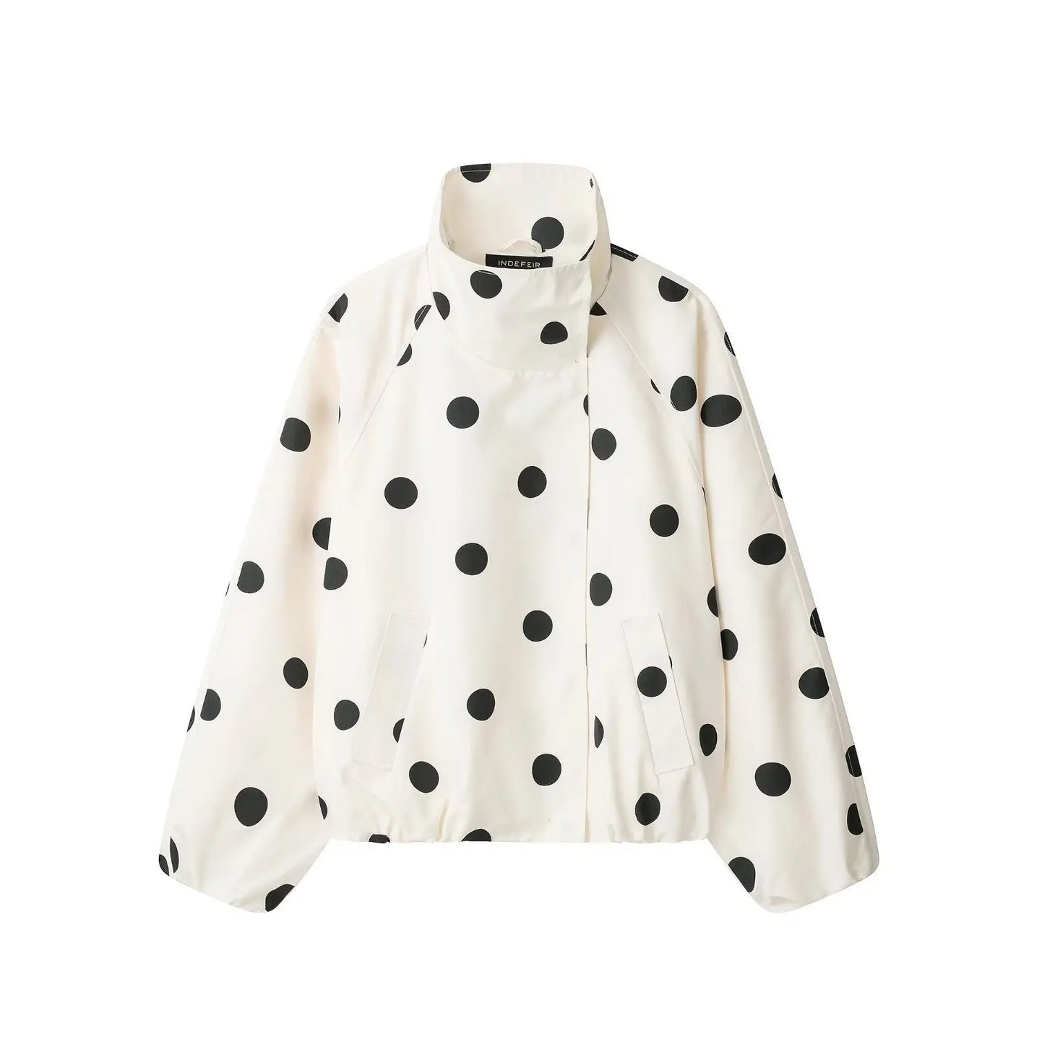 White polka-dot turtleneck aviator jacket by Dropshipman featuring a stylish collar and classic design, shown on a white background.