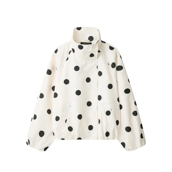White polka-dot turtleneck aviator jacket by Dropshipman featuring a stylish collar and classic design, shown on a white background.