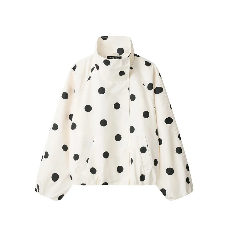 White polka-dot turtleneck aviator jacket by Dropshipman featuring a stylish collar and classic design, shown on a white background.