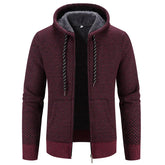 Wine red winter coat by Dropshipman with zipper closure, hood, long sleeves, drawstring, plush thick fabric, ideal for casual warmth.