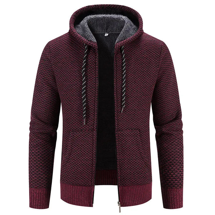 Wine red winter coat by Dropshipman with zipper closure, hood, long sleeves, drawstring, plush thick fabric, ideal for casual warmth.
