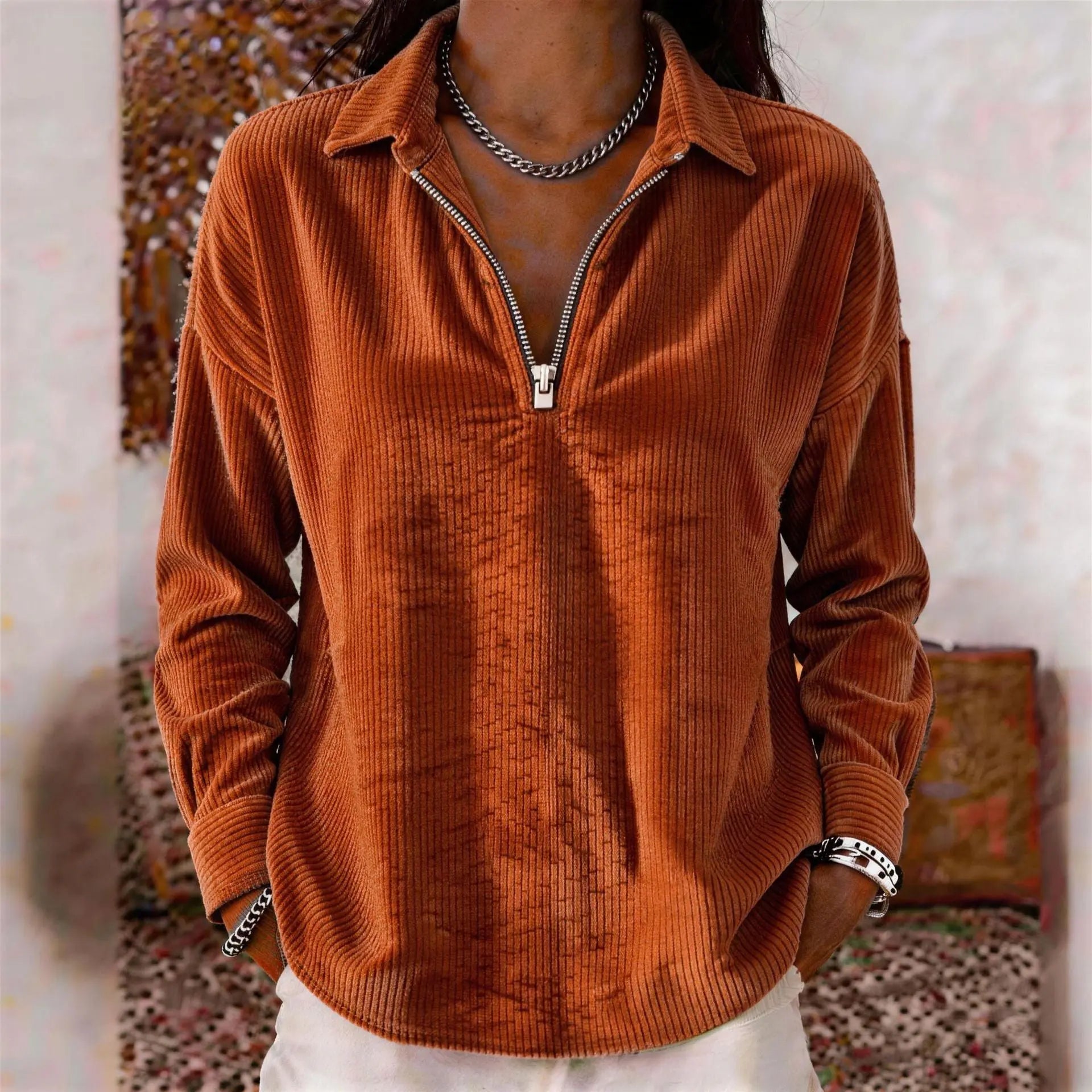 Wine red casual loose-fit lapel corduroy long-sleeve top by Dropshipman, shown on a model with a relaxed fit and classic collar.