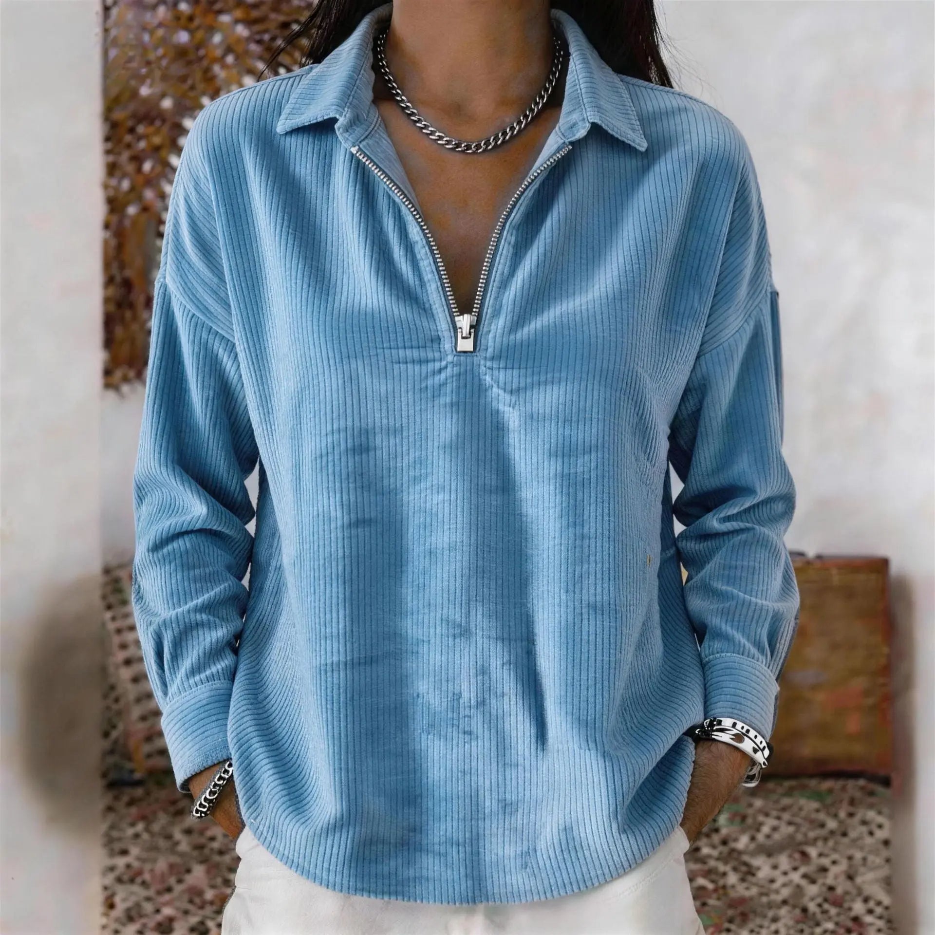 Wine red casual loose-fit corduroy long-sleeve top with lapel collar, styled for a relaxed, comfortable look.