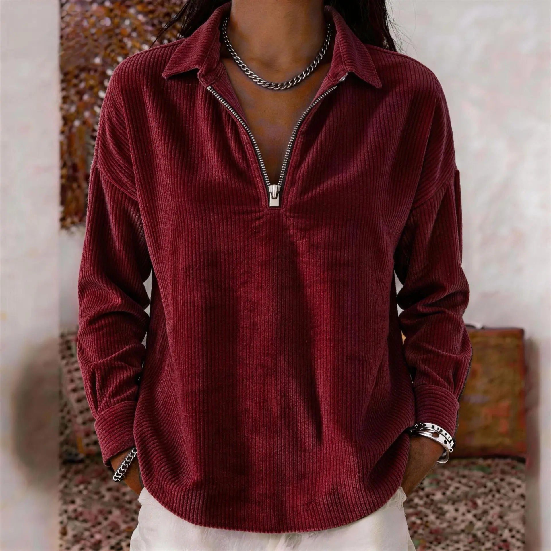 Wine red casual loose-fit corduroy long-sleeve top with lapel collar by Dropshipman, shown on a model.