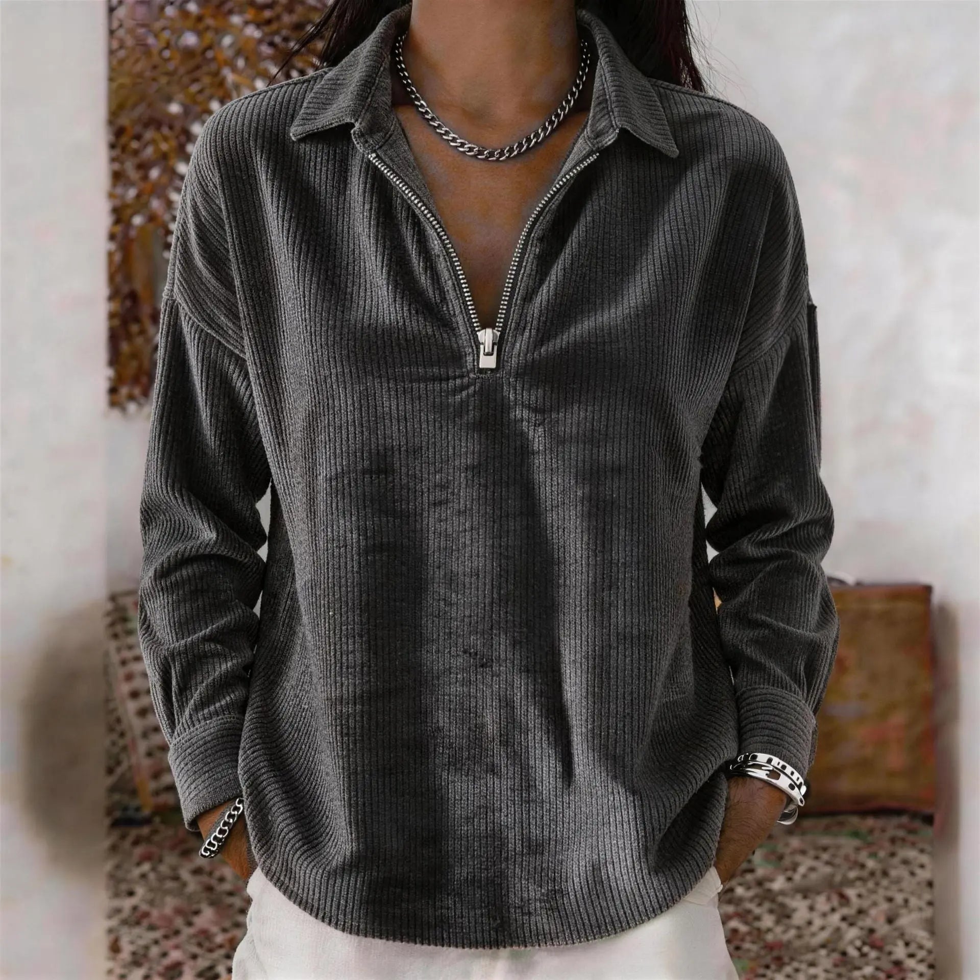 Wine red casual loose-fit corduroy long-sleeve top with lapel collar from Dropshipman, shown on a model.