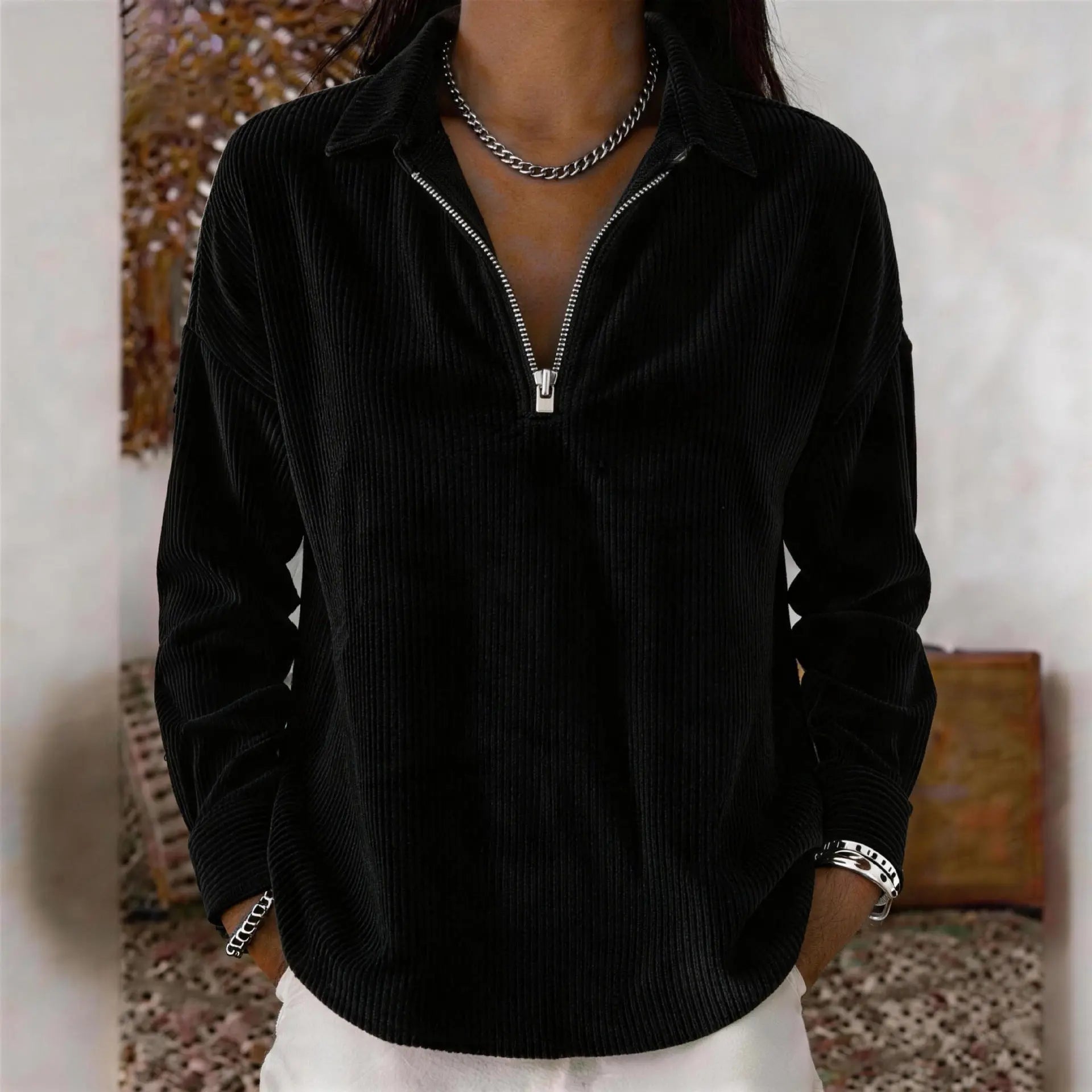 Wine red casual loose-fit corduroy long-sleeve top with lapel collar, styled for a relaxed, comfortable look.