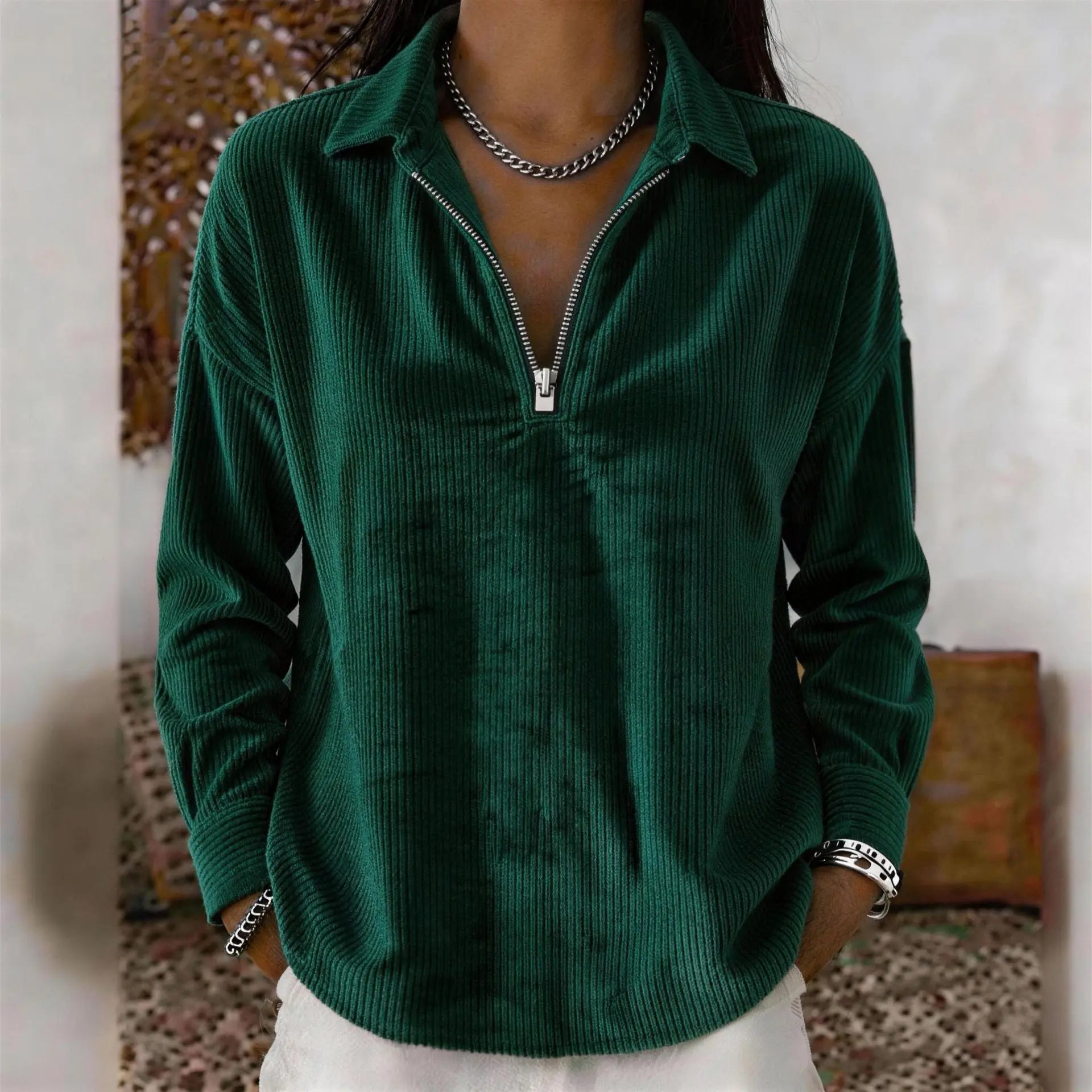 Wine red casual loose-fit corduroy long-sleeve top with lapel collar, by Dropshipman, shown on a model.