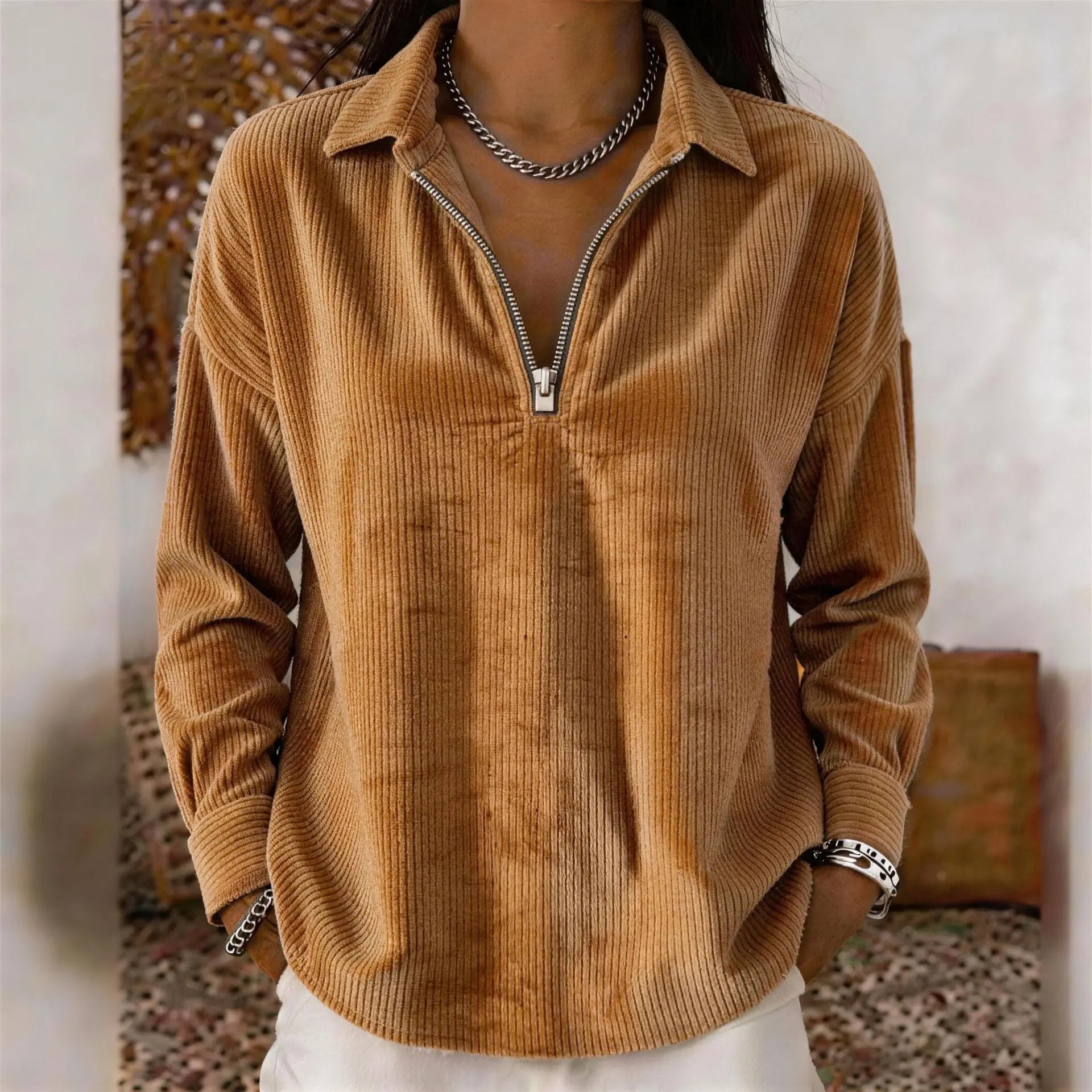 Wine red casual loose-fit lapel corduroy long-sleeve top by Dropshipman, shown in a relaxed fit with a classic lapel collar.