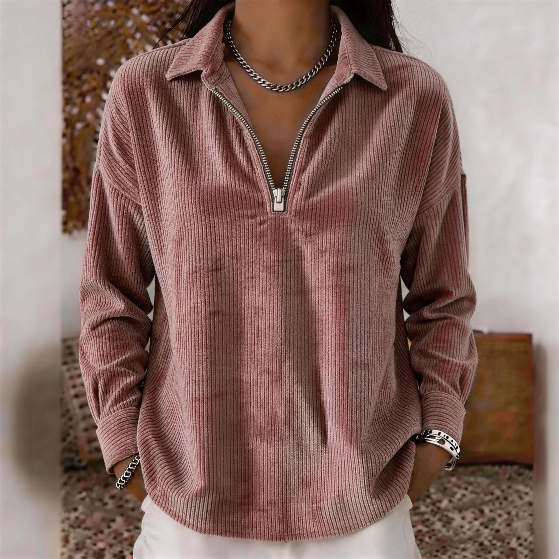 Wine red casual loose-fit lapel corduroy long-sleeve top by Dropshipman, shown on a neutral background.