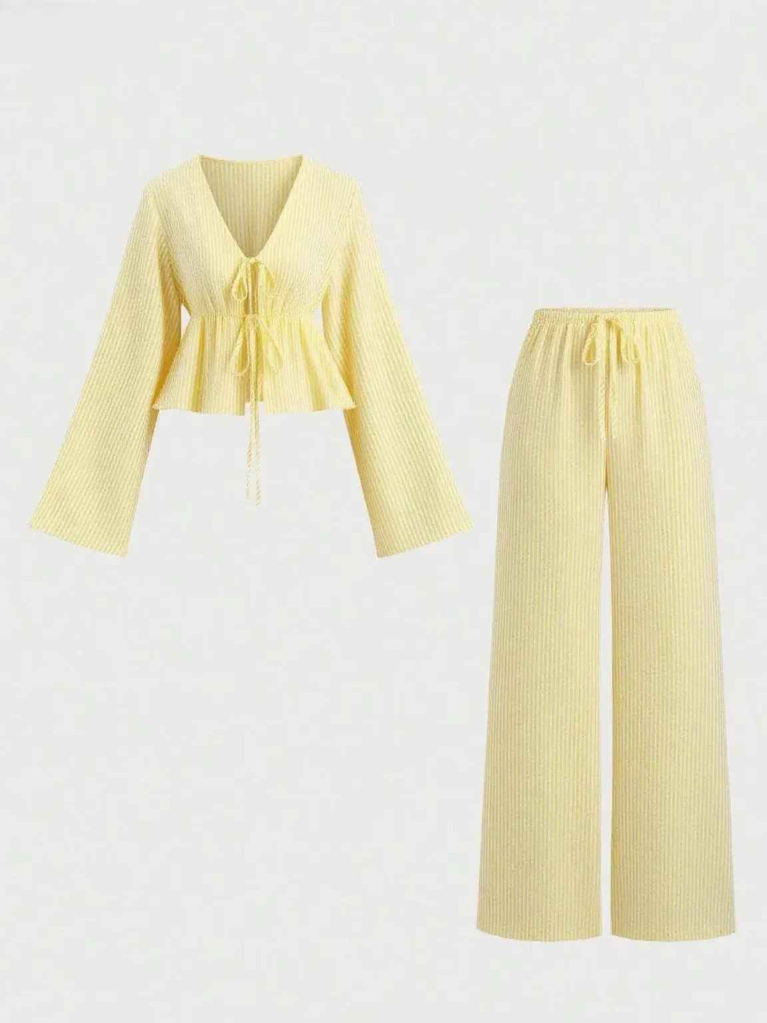 New Stylish Premium-feel Striped Loose-fit Belted Top With Casual Long-sleeve Set