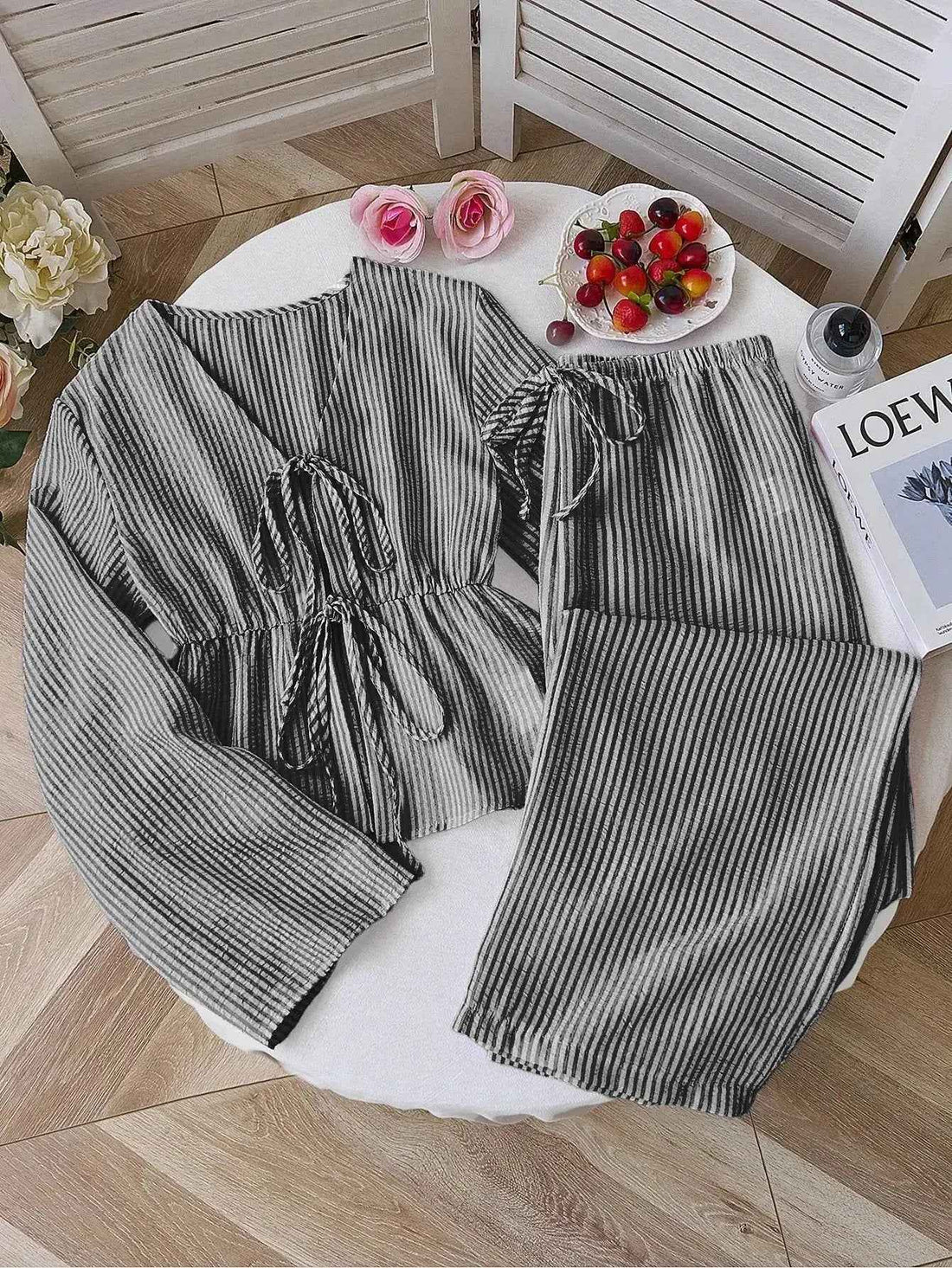 New Stylish Premium-feel Striped Loose-fit Belted Top With Casual Long-sleeve Set