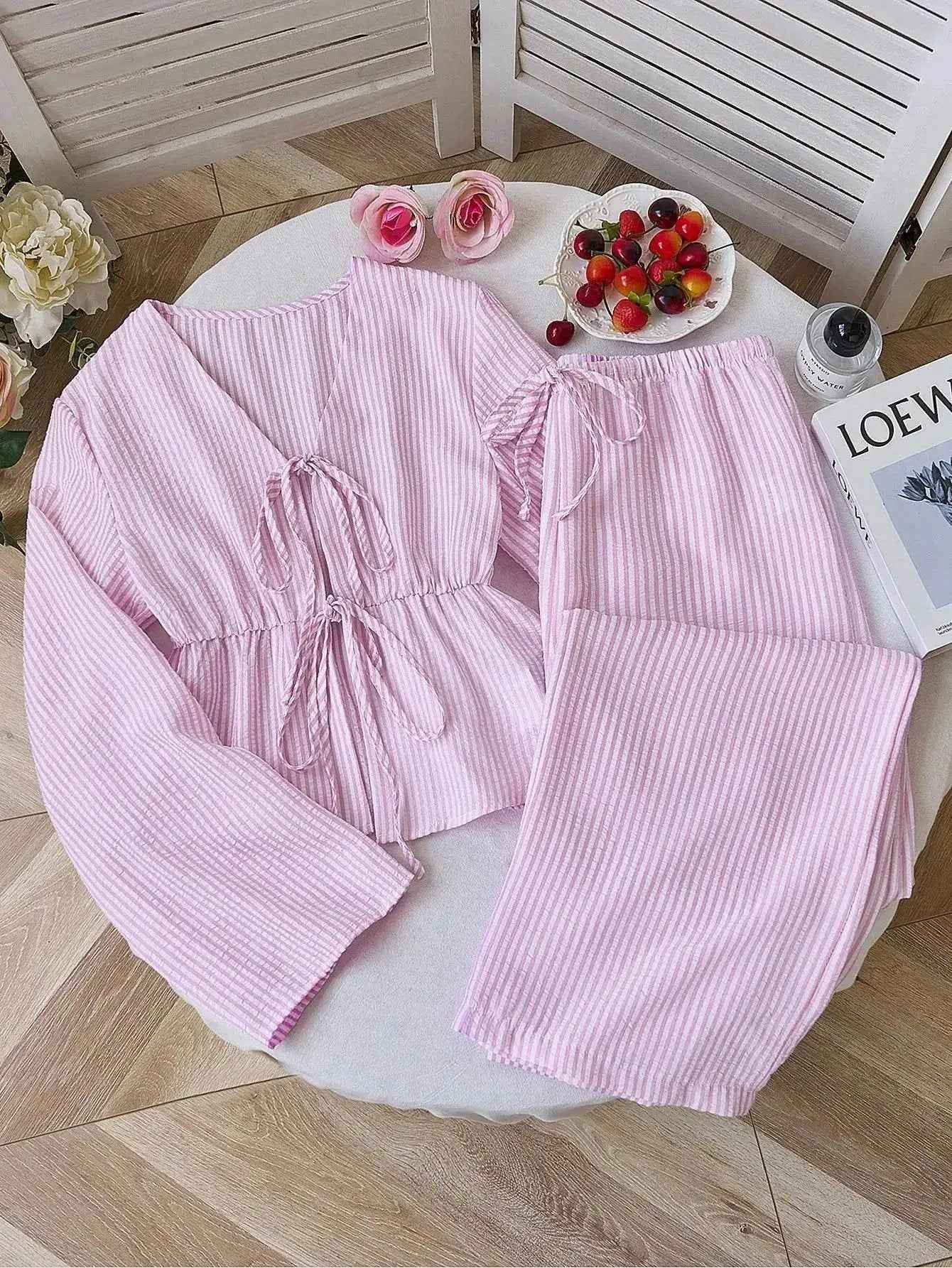 New Stylish Premium-feel Striped Loose-fit Belted Top With Casual Long-sleeve Set