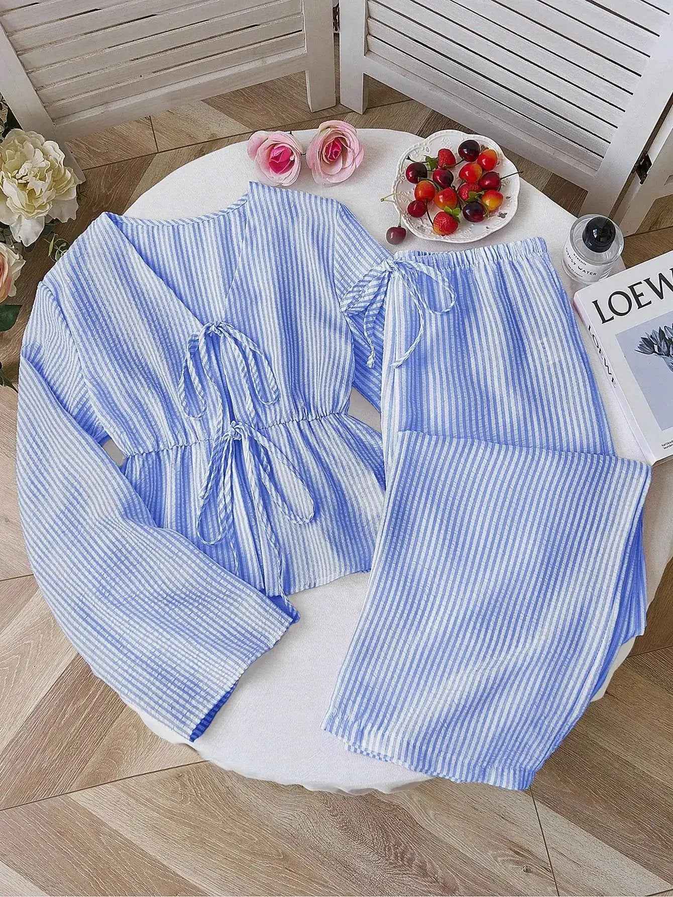 New Stylish Premium-feel Striped Loose-fit Belted Top With Casual Long-sleeve Set