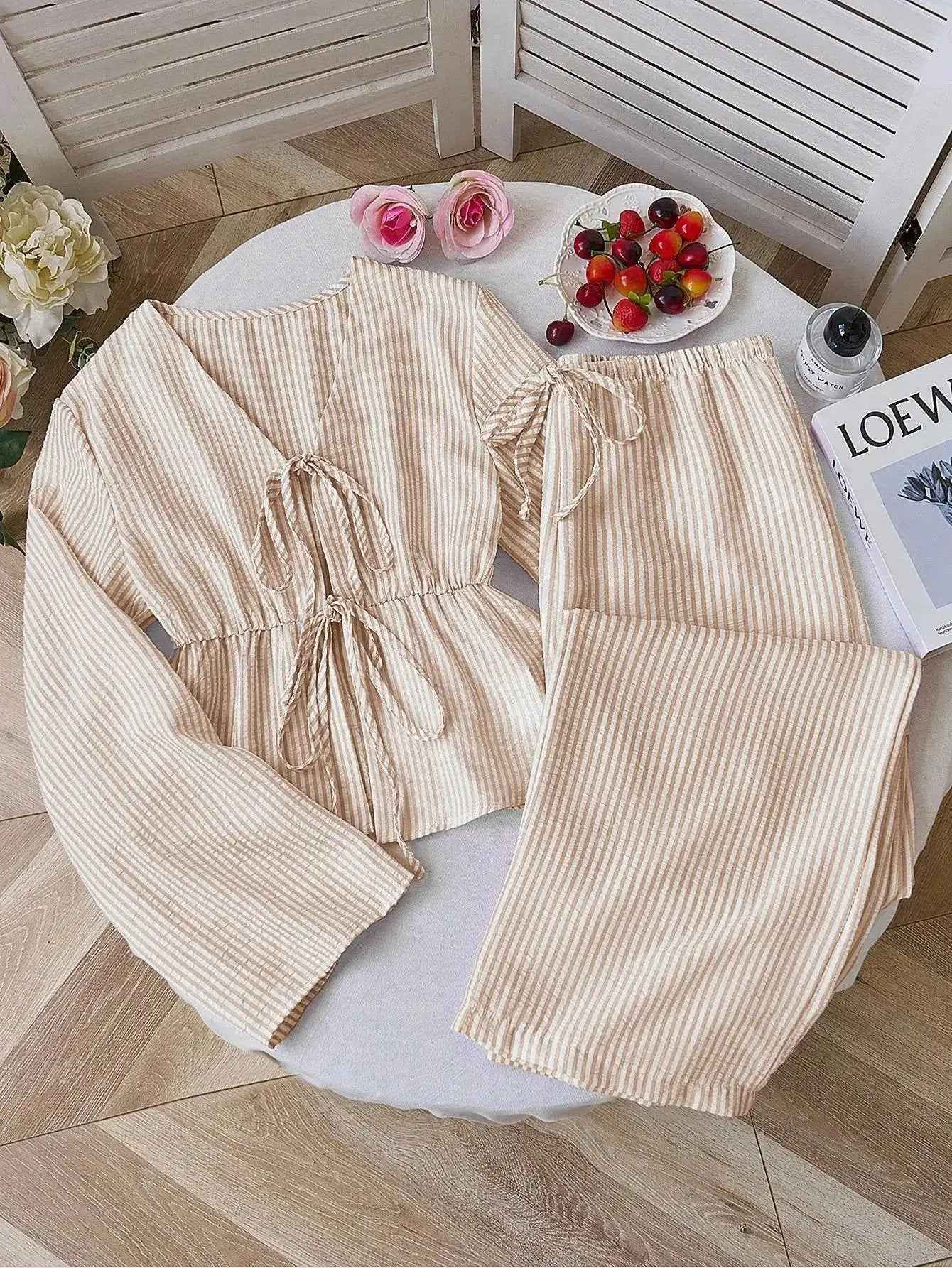 New Stylish Premium-feel Striped Loose-fit Belted Top With Casual Long-sleeve Set