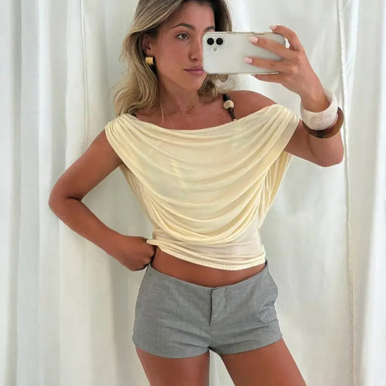 Yellow solid-color sleeveless off-shoulder boat-neck backless T-shirt by Dropshipman, displayed flat on a white background.