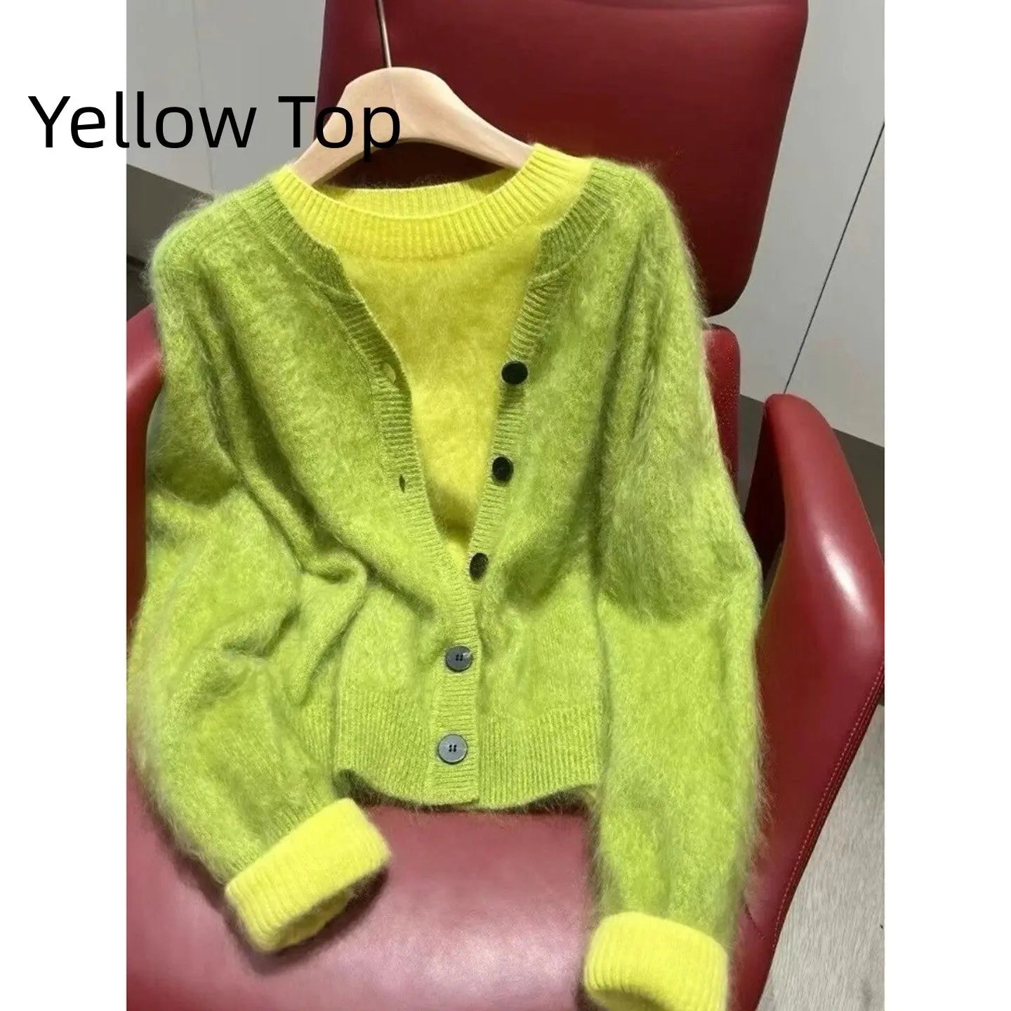 Avocado green layered knit cardigan and matching top two-piece set by Dropshipman, featuring cozy knit texture and casual style.