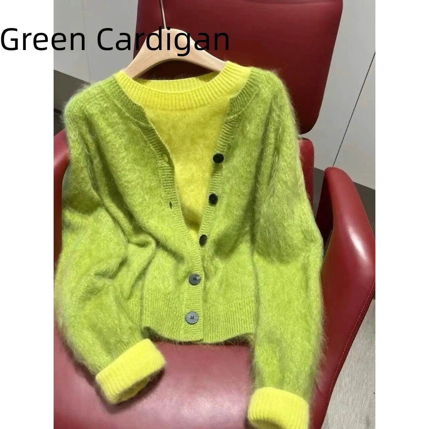 Avocado green layered knit cardigan two-piece set by Dropshipman, featuring a cozy, textured sweater and matching accessories.