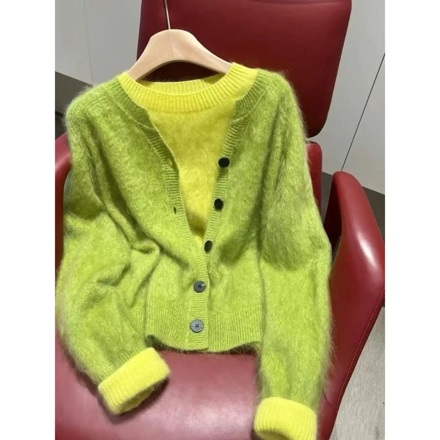 Avocado green layered knit cardigan and matching top in a two-piece set by Dropshipman, featuring cozy, textured fabric.