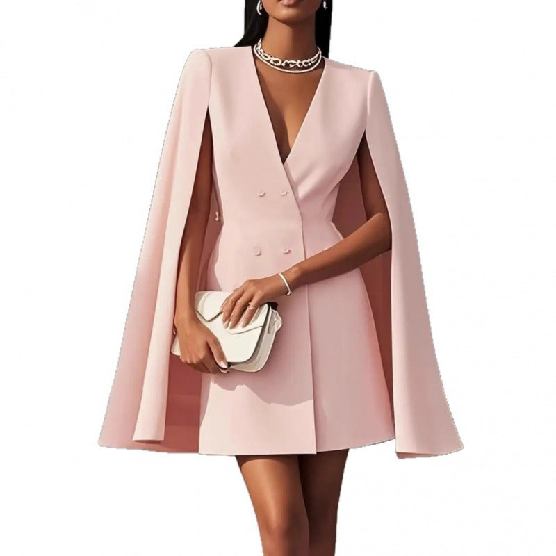 Double-Breasted Shawl Cape Dress