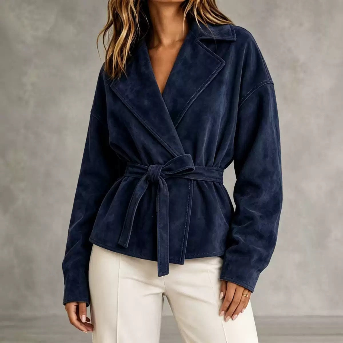 Lapel Suede Lace-Up Short Coat Loose Long Sleeve Jacket