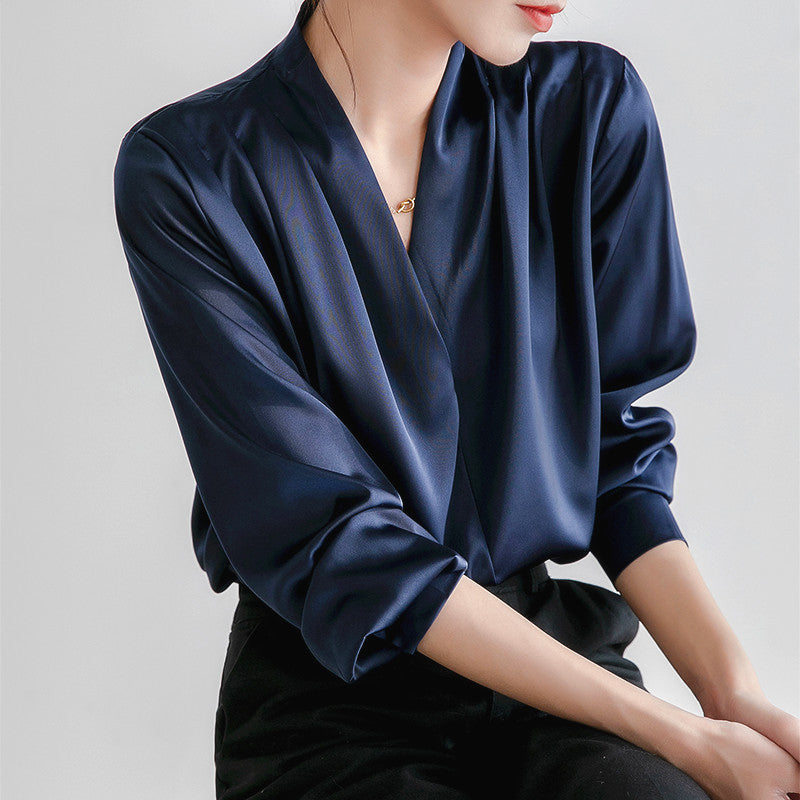 Womens Long Sleeve Silk Satin Blouse