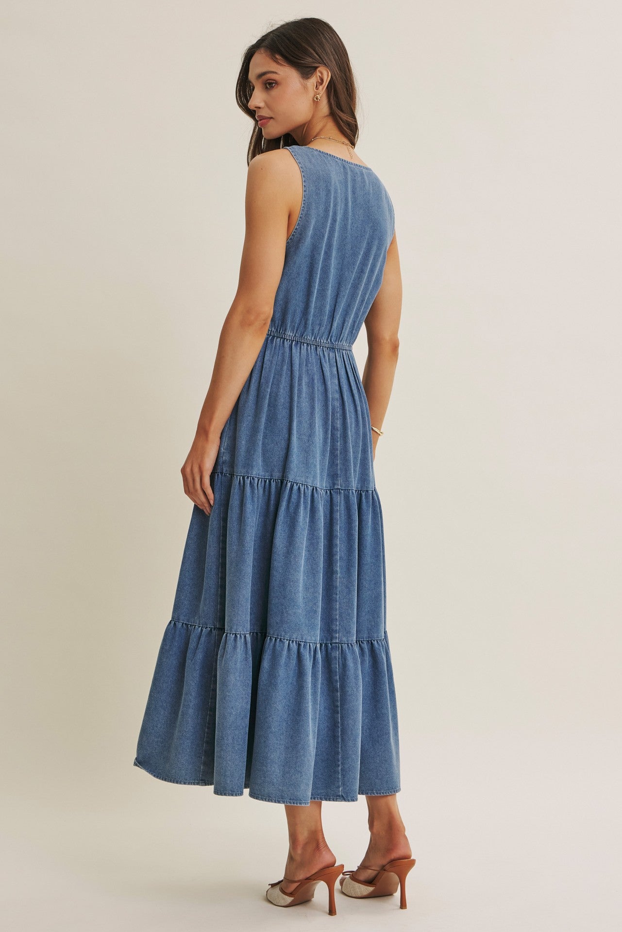 Summer Roadtrip Sustainable Denim Tiered Midi Dress