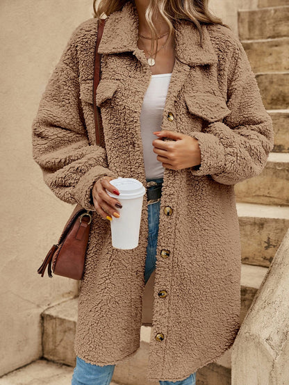 Womens Winter Plush Coat Open Front Lapel Long Coat