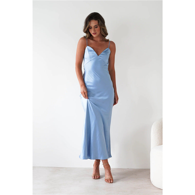 Satin Strap Backless Long Dress