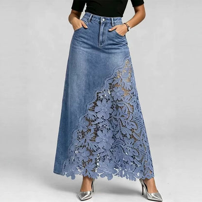 Lace Trim Denim Midi Skirt