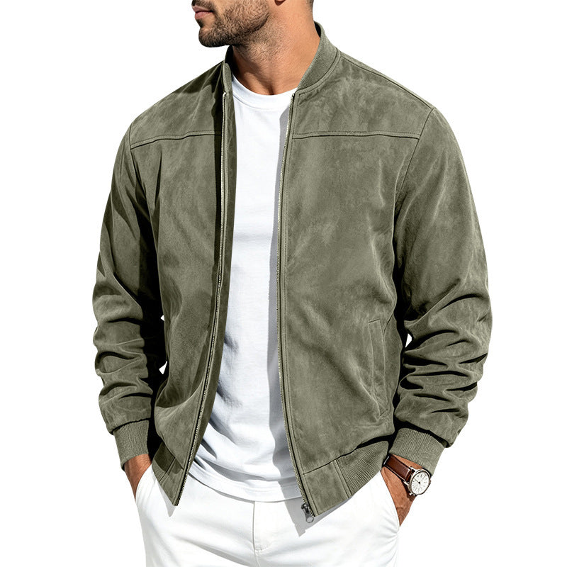 Men Casual Suede Zip Up Jacket Long Sleeve Outerwear